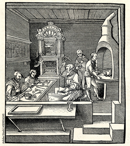 Goldsmith workshop, 16th century, woodcut by Hans Brosamer (from Spamers Illustrierte  Weltgeschichte, 1894, 5[1], 426)