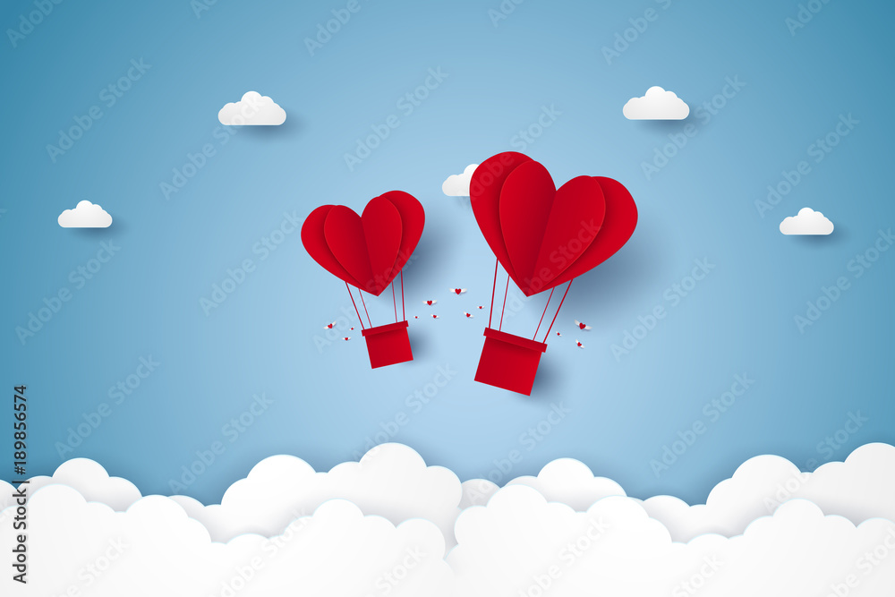 Valentines day , Illustration of love , red heart hot air balloons flying in the sky , paper art style