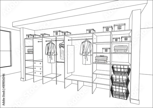 3D vector sketch. Wardrobe in the interior. Big modern wardrobe with folded and hanging clothes. Home Interior Design Software Programs. Lines, construction, appliances.