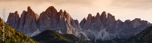 The spectacular mountains group of Odle in the Natural Park of Odle-Puez. Dolomites, Alto-Adige, Italy.