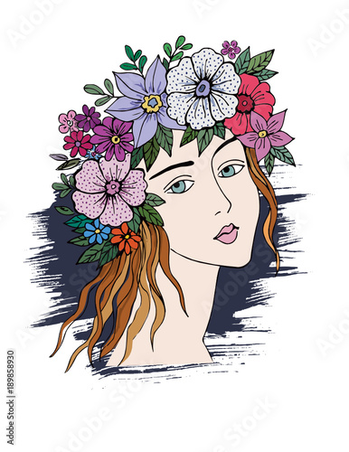 Romantic girl with flowers. For t-shirt design, poster, banner and other design.