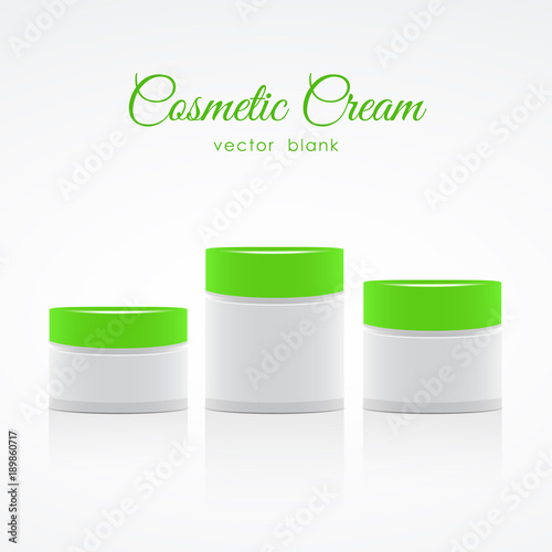 Vector illustration: Set of Blank Cosmetic Container for Cream with with green lids.