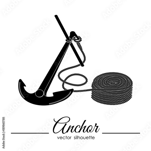 Silhouette of anchor and rope on white background.