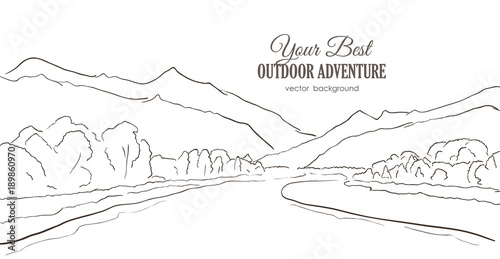 Hand-drawn Mountains sketch with river, forest on white background. Line style.