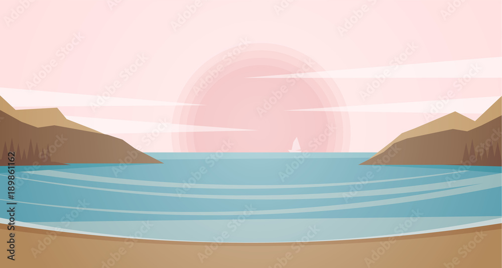 Vector illustration: Marine landscape with coast, rocks, yacht and sunset.