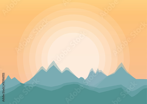 Flat landscape background with peaks of mountains and sunrise.