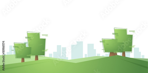 Geometric cartoon trees on the background of the city.