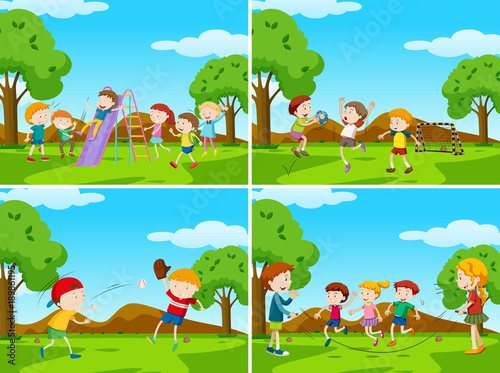 Playground scenes with kids playing sports