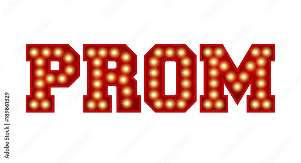 Prom word made from red vintage lightbulb lettering isolated on a white. 3D Rendering - obrazy, fototapety, plakaty 