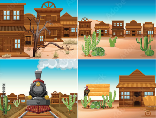 Four western scenes with buildings and train