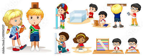 Many children measuring things with different tools
