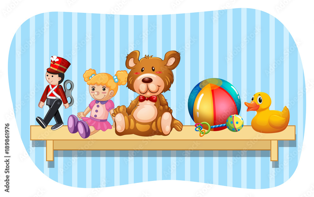Fototapeta premium Many types of toys on wooden shelf