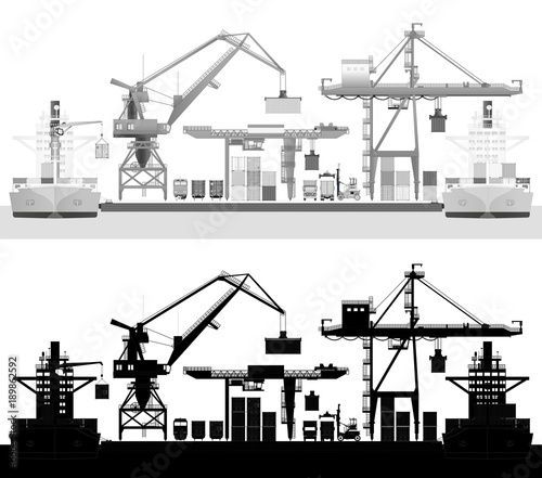 Sea trade port, commercial dock, vector, silhouette