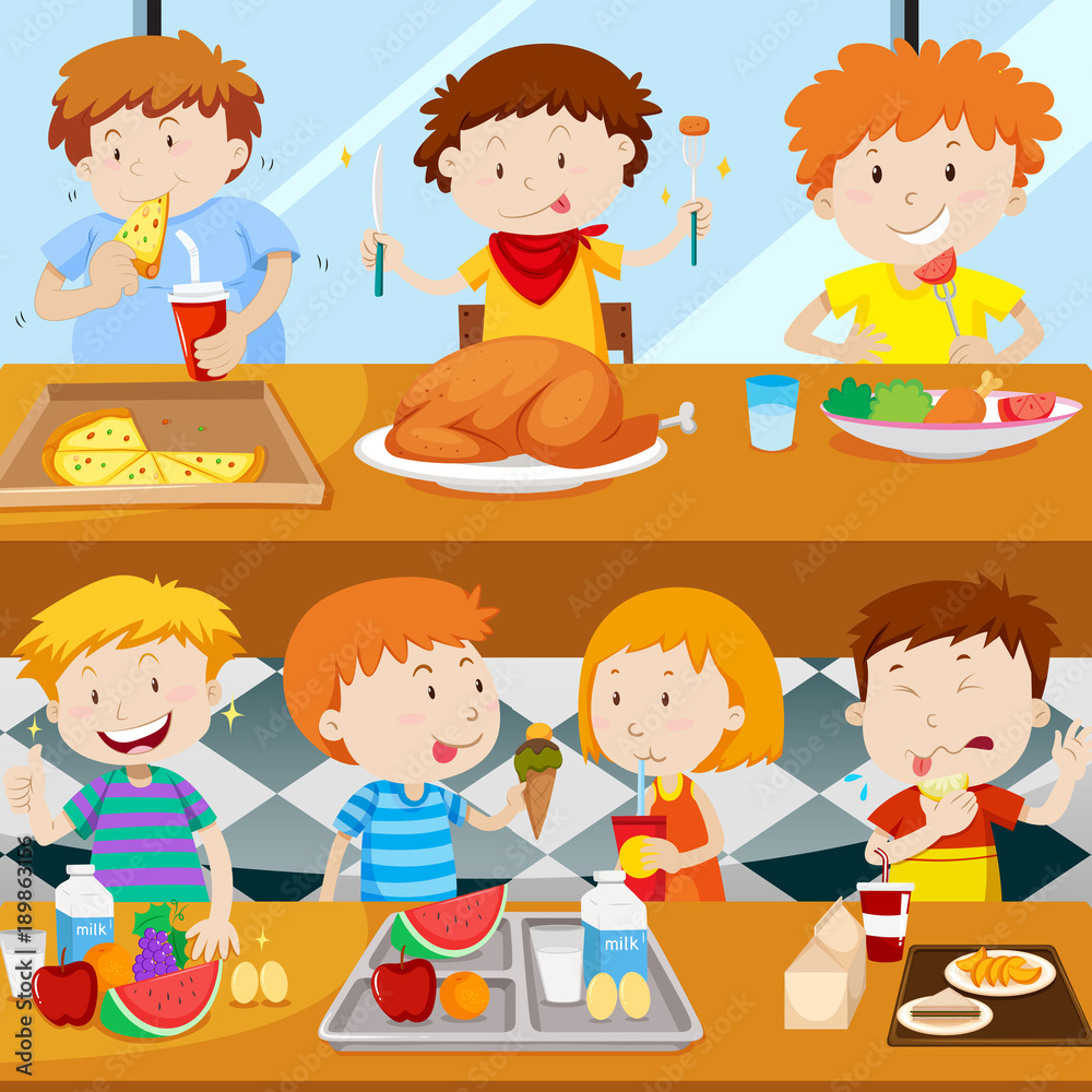 Many kids eating in the canteen