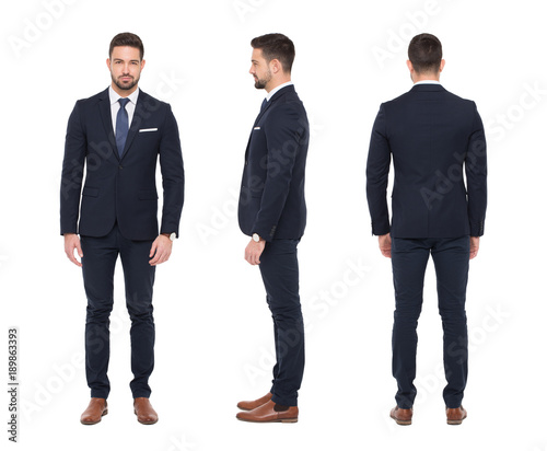 Fotografia Young caucasian stylish businessman front side rear view isolated