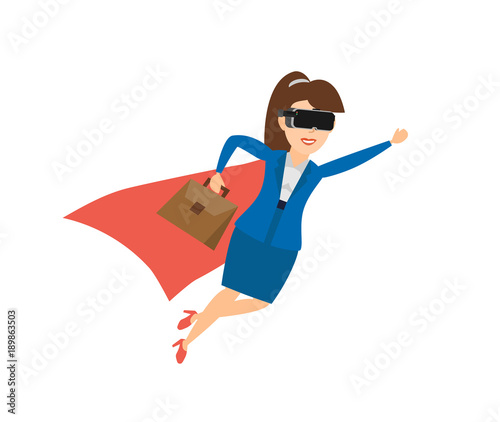 businesswoman super hero flying in virtual reality glasses