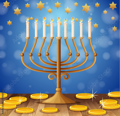 Candles on sticks and golden coins