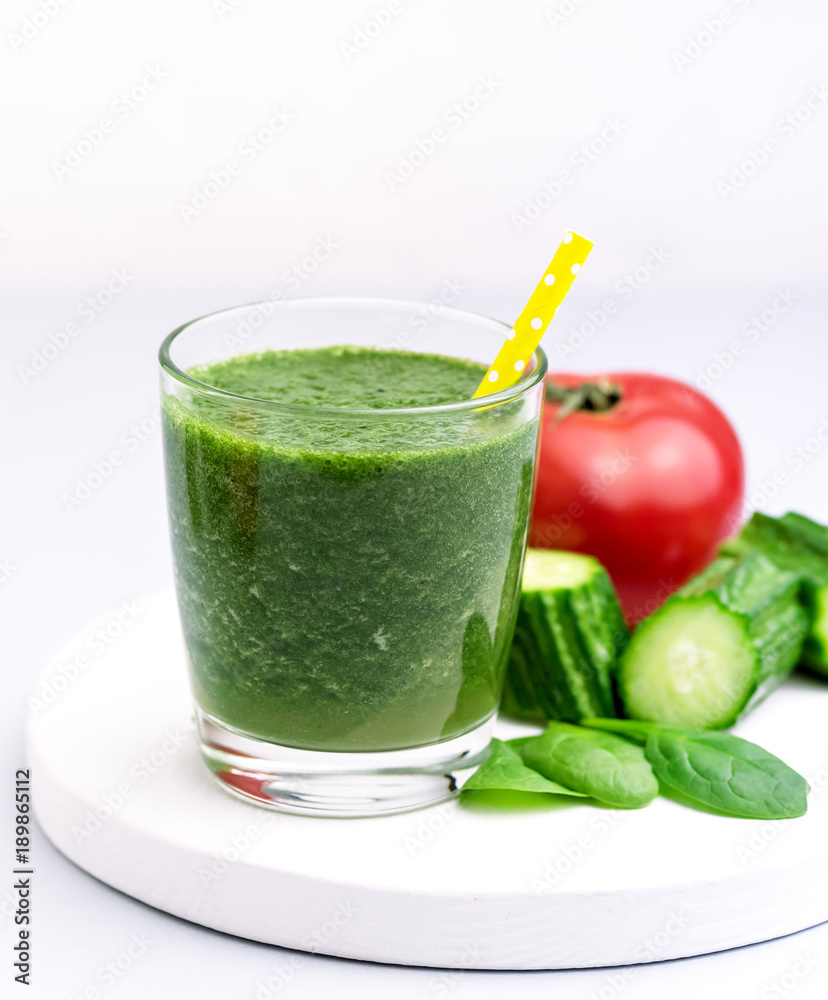 Fresh Tasty Spinach Tomatoes Cucumber Smoothie in Glasses Fresh Vgetables Detox Drink White Wooden Tray Gray Background Vertical Fresh Tasty Spinach Tomatoes Cucumber Smoothie in Glasses Fresh Vgetables Detox Drink White Wooden Tray Gray Background Vertical
