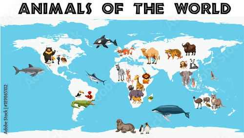 Different types of animals around the world on the map