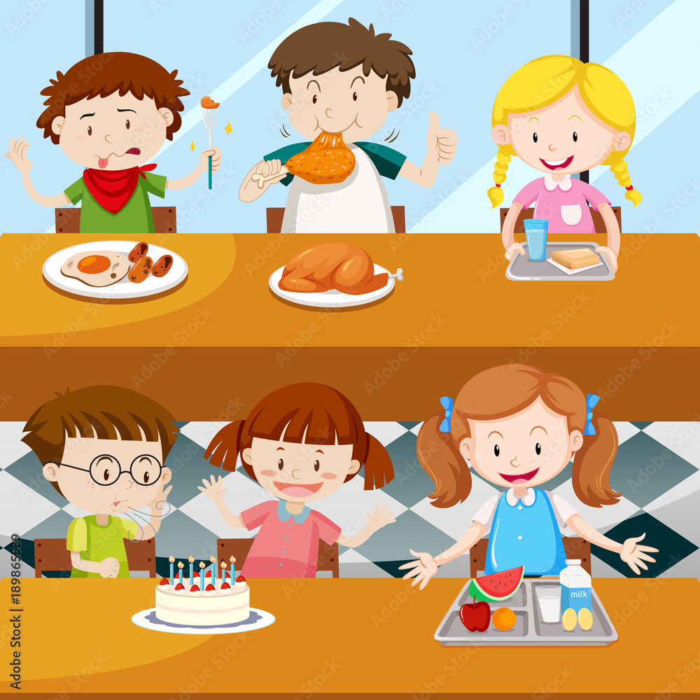 Many kids eating in the canteen, Stock vector