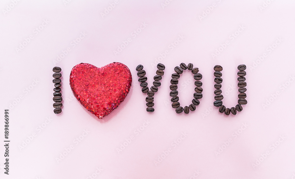 'I Love You' lettering composed of coffee beans