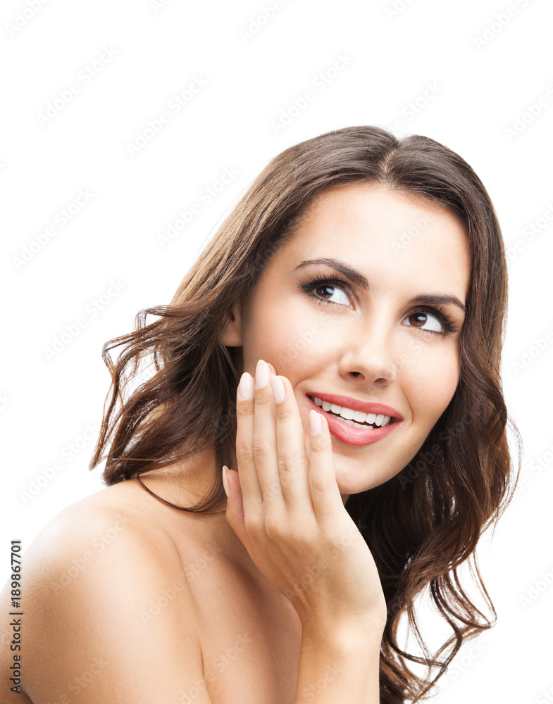Woman touching skin or applying cream, isolated Woman touching skin or applying cream, isolated