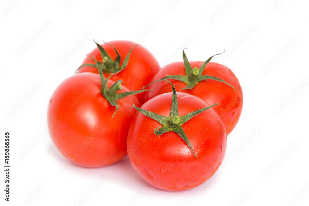 vier saftige frische rote Tomaten liegen freigestellt auf weißem Hintergrund vier saftige frische rote Tomaten liegen freigestellt auf weißem Hintergrund