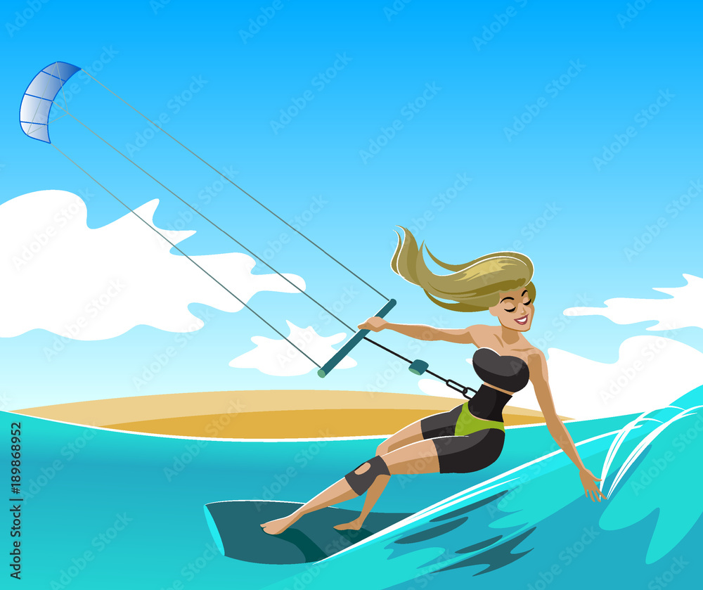 Young surf girl with kiteboard riding a wave. Kite.