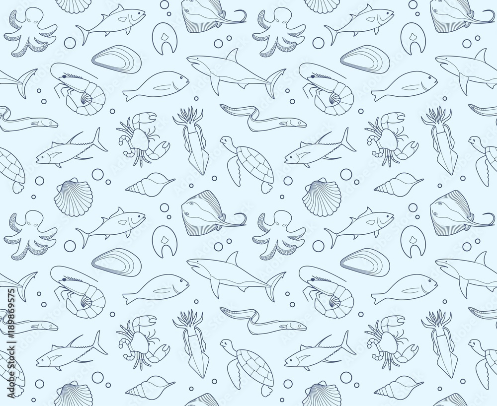 Seamless background with outline pictures of seafood Seamless background with outline pictures of seafood