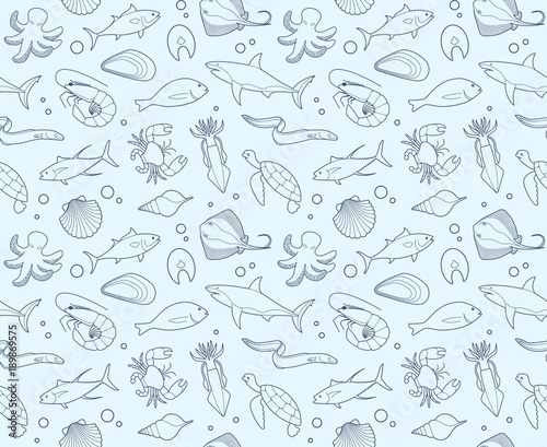 Seamless background with outline pictures of seafood