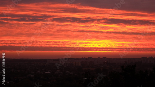 The red sunrise above the city of Kharkiv.