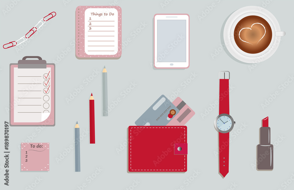 Stationary. A planner. To do lists. A cup of coffee. Pencils. A wallet. Wrist watch. Credit cards. Mobile phone. Clips. A lipstick. Vector illustration. Stationary. A planner. To do lists. A cup of coffee. Pencils. A wallet. Wrist watch. Credit cards. Mobile phone. Clips. A lipstick. Vector illustration.