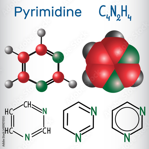 Pyrimidine molecule, is an aromatic heterocyclic organic compound. Structural chemical formula and molecule model