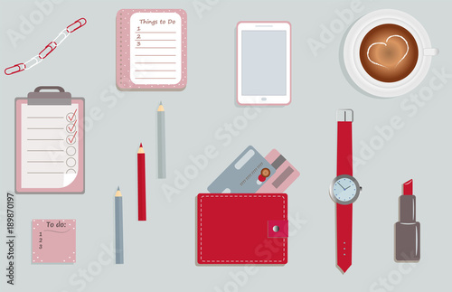 Stationary. A planner. To do lists. A cup of coffee. Pencils. A wallet. Wrist watch. Credit cards. Mobile phone. Clips. A lipstick. Vector illustration. 