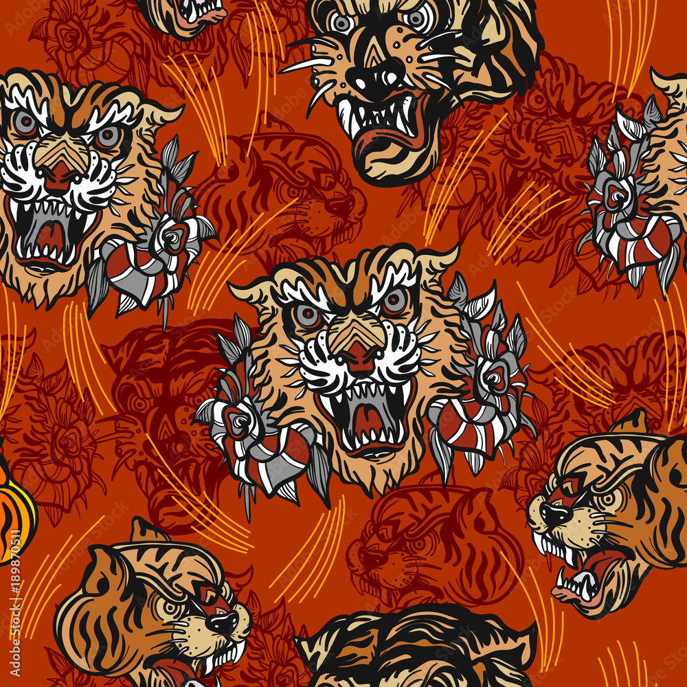 Tigers seamless pattern, vintage old school tattoo vector. Fashionable  tigers heads and flowers roses pattern. Classic flash tattoo style, patches  and stickers Stock Vector | Adobe Stock
