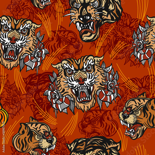 Tigers seamless pattern, vintage old school tattoo vector. Fashionable tigers heads and flowers roses pattern. Classic flash tattoo style, patches and stickers