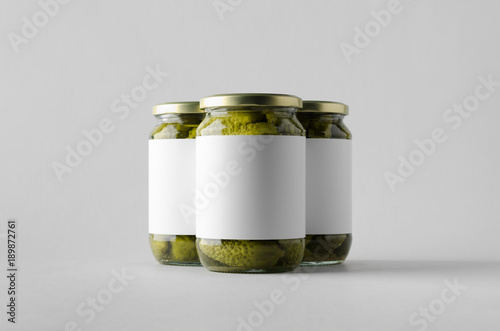 Pickled Cucumber Jar Mock-Up - Three Jars. Blank Label.