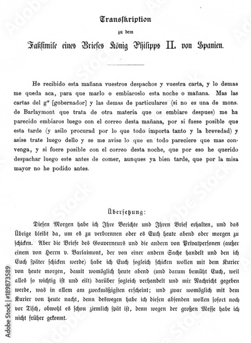 Facsimile of letter from Philip II of Spain - typed letters (from Spamers Illustrierte  Weltgeschichte, 1894, 5[1], 452/453)