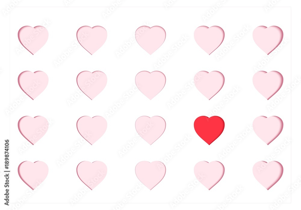 Scrapbooking paper card with carved pink hearts and one different red heart. Origami papercut concept and Valentine's day idea, vector art and illustration. Symbol of love for greeting card.
