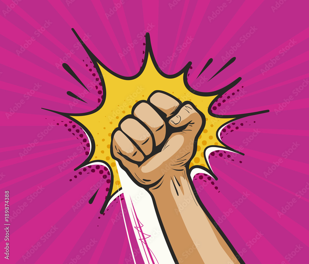 Punch, raised up clenched fist in retro pop art. Comic style vector