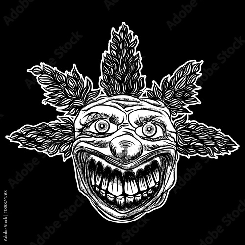 Halloween devil scary clown front head. Smiling clown monster with big eyes and wide angry smile. Blackwork adult tattoo flash line style and poster, print, t-shirt concept design. Vector.