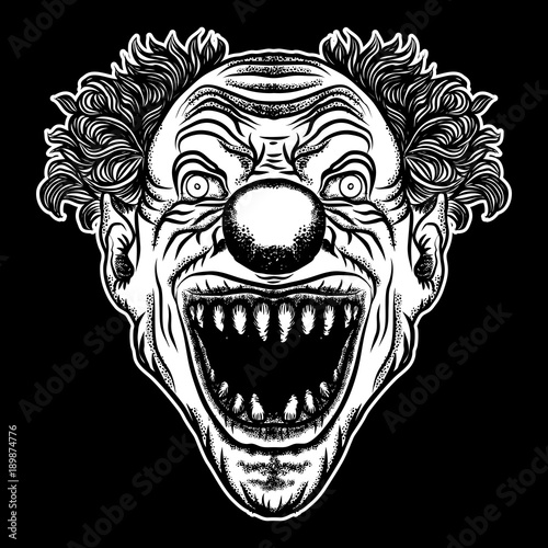 Scary clown head concept of circus horror film character. Laughing angry insane joker head, front face of horror and crazy maniac. Evil smiling character. Blackwork adult flesh tattoo concept. Vector.