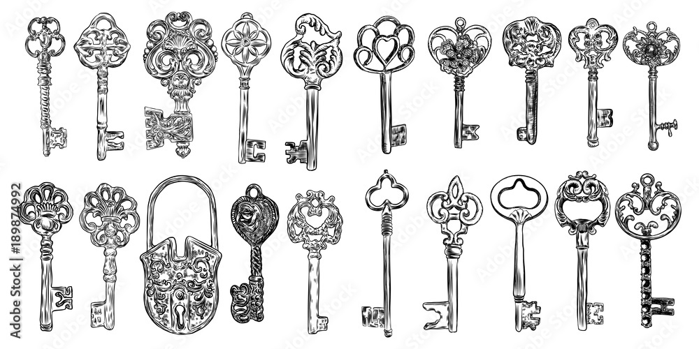 Set of hand drawn antique keys. Sketch style of vintage key on white  background. Old design illustration. Vector. Stock Vector