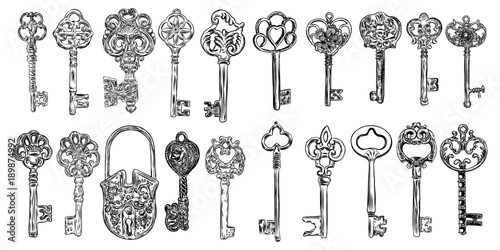 Set of hand drawn antique keys. Sketch style of vintage key on white background. Old design illustration. Vector.