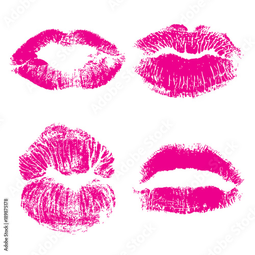 Set of lips or lip shaped women kiss print. Valentines or mother's day design element. 8 March Women's Day or love, sex, symbols. Girl kisses lips stain isolated on background. Vector.
