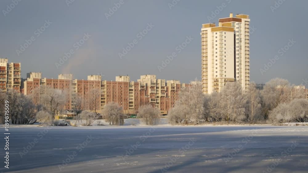 The city Park near the river, a winter landscape. Tree branches covered with frost. Minsk. The city Park near the river, a winter landscape. Tree branches covered with frost. Minsk.