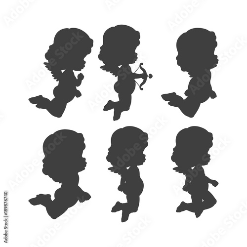 Set of Six Vector Cherubs in grey silhouette which can be used for your wallpapers, backgrounds, backdrop images, fabric patterns, clothing prints, labels, crafts & other projects