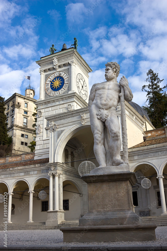 Udine - The Castle, Clock tower, Hercules statue in Piazza della Libertà, Italy
