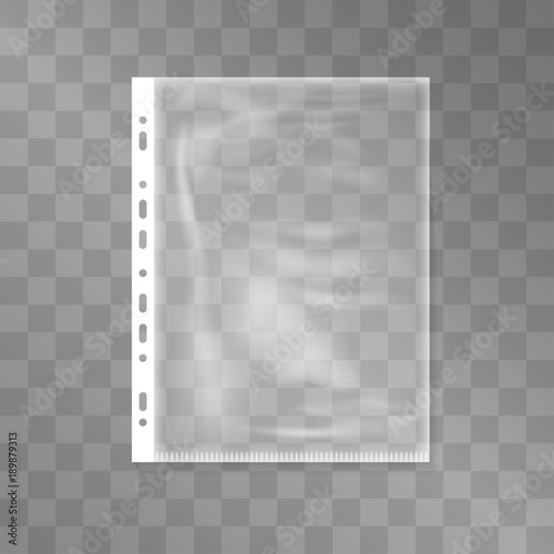 Transparent plastic file vector with crumpled texture.  Cellophane a4 bag for papers and documents, dust protector. Polyethylene sleeve isolated on transparent background. Office accessories symbol.
