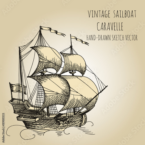 Old caravel. Ship on the Blue Dutch tile. Imitation. Frigate, vintage sailboat, Sailing vessel , glazed porcelain ceramic.